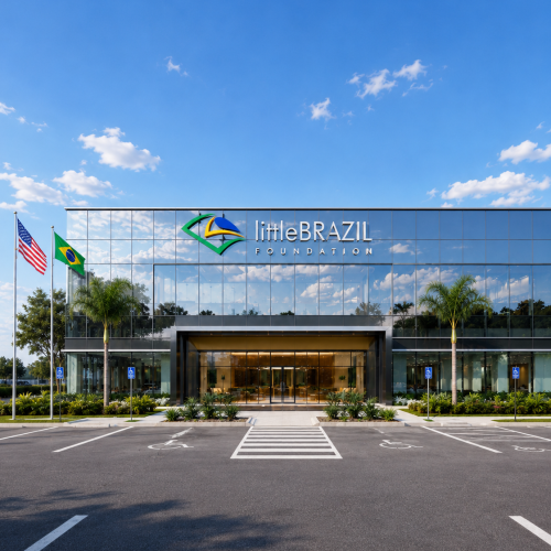 Modern corporate building with Brazilian flags