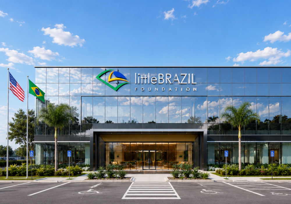 Modern corporate building with Brazilian flags